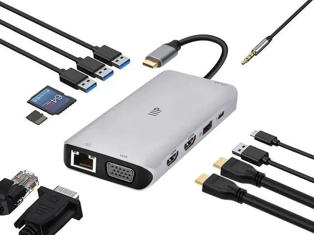 Alt view image 12 of 12 - Monoprice 12-in-1 Dual-HDMI + VGA MST Triple Monitor Docking Station, Dual 4K HDMI, VGA, 5Gbps USBA, Gigabit Ethernet, SD/MicroSD Readers, 100W PD, 3.5mm Dual Audio/Microphone Jack