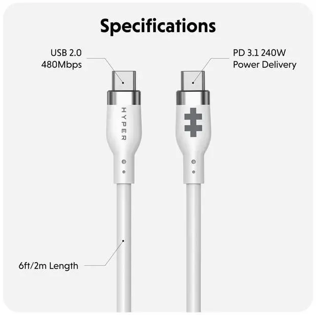 Alt view image 8 of 8 - Targus HyperJuice 240W Silicone USB-C to USB-C Cable (6ft/2m), White HJ4002WHGL