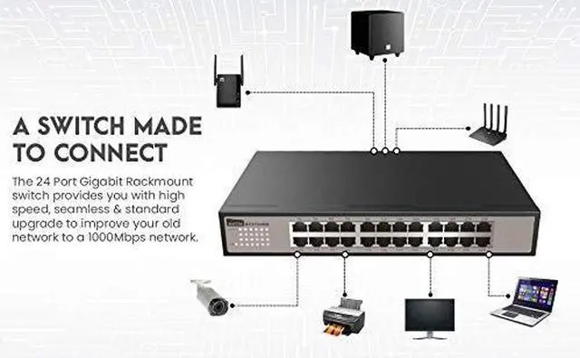 Alt view image 13 of 13 - 24-port Unmanaged Gigabit Switch, Desktop Ethernet Splitter, Ethernet Hub, Plug and Play, Fanless Quite, Traffic Optimization, Sturdy Metal Desktop size, expandable to standard 19" rack mount with included mounting bracket (ST3124GS)