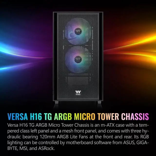 Alt view image 19 of 20 - Thermaltake Versa H16 TG ARGB Black Micro ATX Tower Case Tempered Glass Side Panel 3 Pre-Installed ARGB Fans CA-1Y8-00S1WN-02