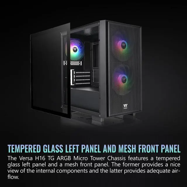 Alt view image 20 of 20 - Thermaltake Versa H16 TG ARGB Black Micro ATX Tower Case Tempered Glass Side Panel 3 Pre-Installed ARGB Fans CA-1Y8-00S1WN-02