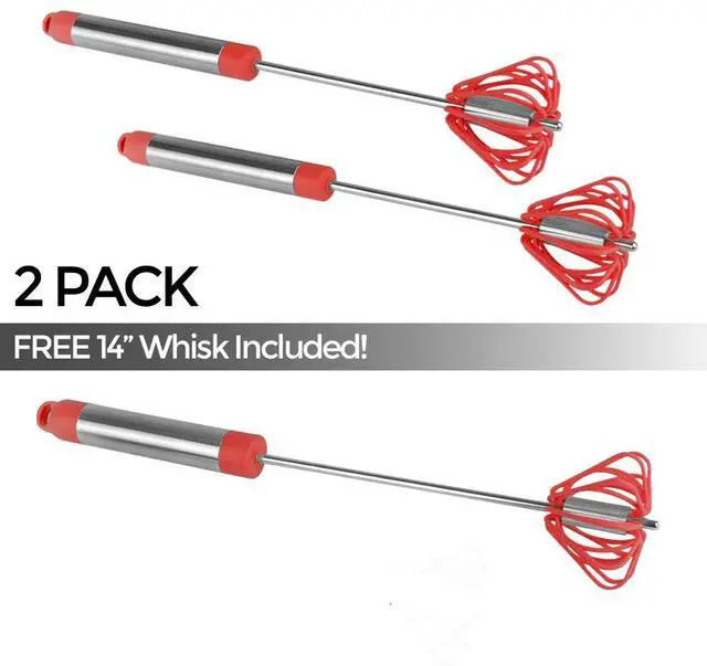 Alt view image 3 of 3 - Ronco Self Turning Rotating Turbo Push Whisk Mixer Milk Frother Red 3-Pack