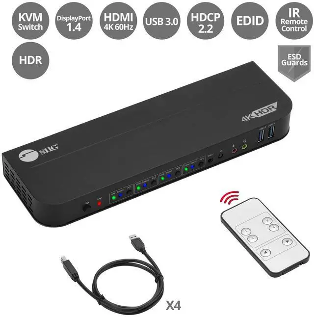 Alt view image 2 of 15 - SIIG 4x1 DisplayPort 4K KVM USB 3.0 Switch with Remote Control
