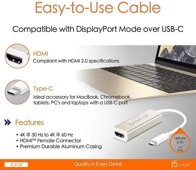 Alt view image 12 of 14 - USB C to HDMI Adapter Cable by j5create | 4K@60Hz Type C Dongle Connects External Monitor Display, HDTV, Projector for MacBook, Chromebook, Laptops, Phones, Tablets, PC with USB-C Port