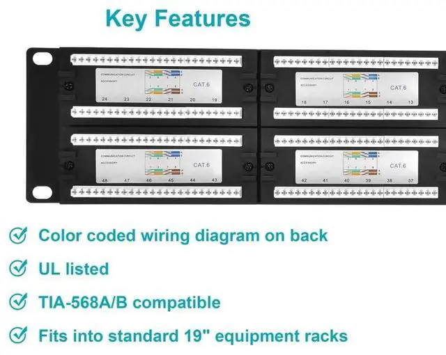 Alt view image 19 of 20 - Monoprice 48-port Cat6 Patch Panel, 110 Type (568A/B Compatible) Black Painted Steel Panel, UL Listed