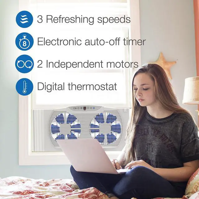 Alt view image 5 of 7 - Lasko W09560 Bluetooth Twin 9" Window Fan Whole House Ventilation White