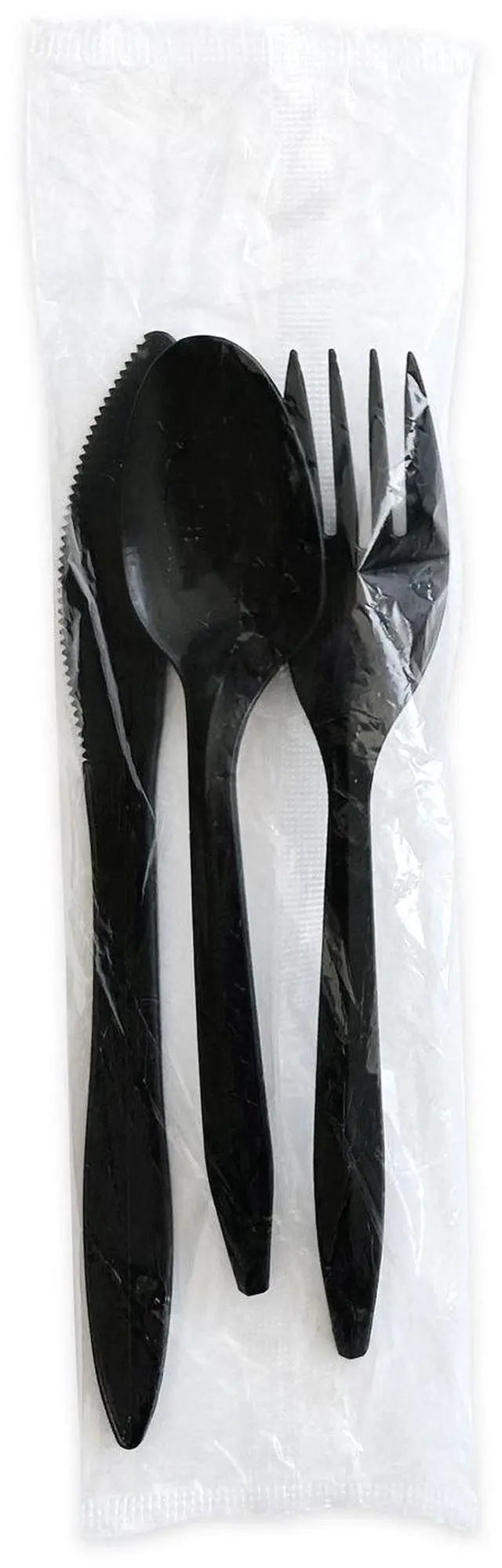 Main image of Three-Piece Polystyrene Cutlery Kit Mediumweight Fork/Knife/Spoon Plastic Black 250/Carton BWK3KITBLPS