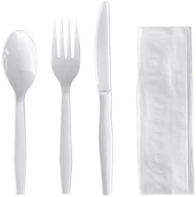 Main image of Four-Piece Polystyrene Cutlery Kit Mediumweight Fork/Knife/Napkin/Spoon Plastic White 250/Carton BWK4KITWHPS