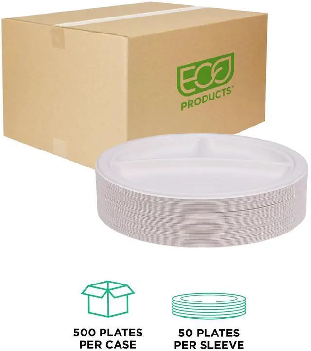 Alt view image 2 of 7 - Eco-Products Vanguard Renewable/Compostable Plates 3-Comprt 10"Dia White 500/Ctn