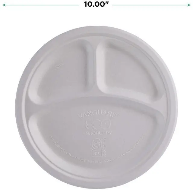 Alt view image 3 of 7 - Eco-Products Vanguard Renewable/Compostable Plates 3-Comprt 10"Dia White 500/Ctn