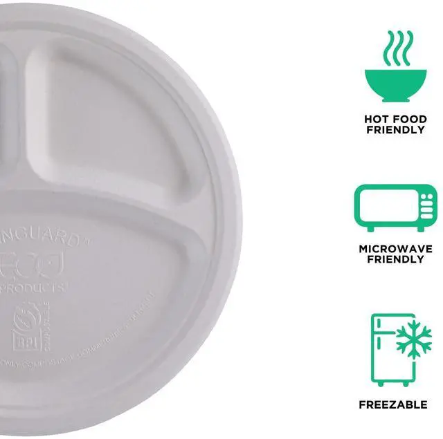 Alt view image 4 of 7 - Eco-Products Vanguard Renewable/Compostable Plates 3-Comprt 10"Dia White 500/Ctn