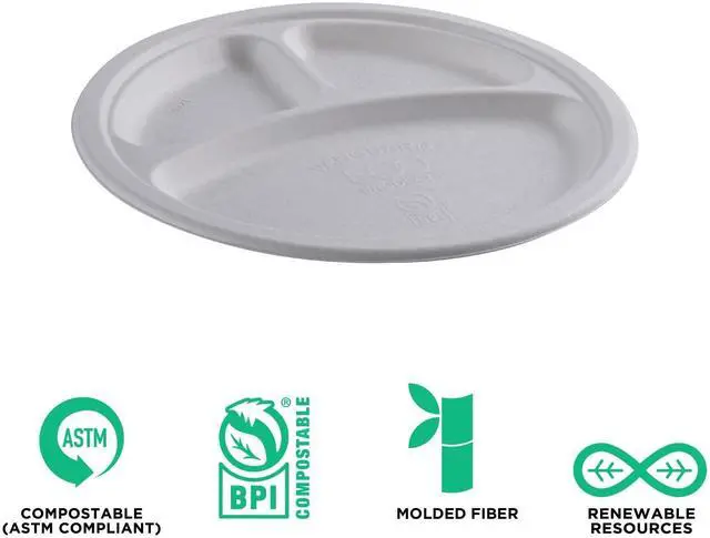 Alt view image 6 of 7 - Eco-Products Vanguard Renewable/Compostable Plates 3-Comprt 10"Dia White 500/Ctn