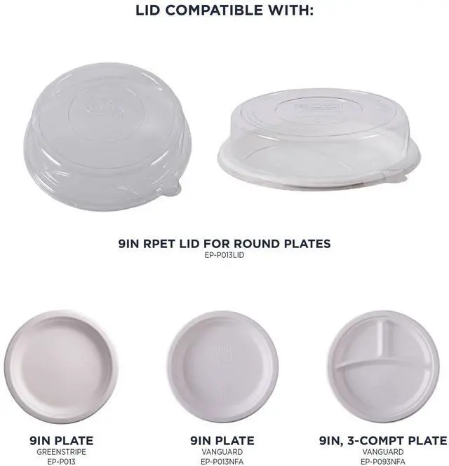 Alt view image 7 of 7 - Eco-Products EP-P013LID 100% Recycled Content Round Plate Lids - Plastic - 9" dia x 1.5" h - Clear - 300/Carton