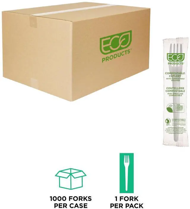 Alt view image 2 of 7 - Eco-Products EP-S017-W Plantware CPLA Cutlery Individually Wrapped Plastic Fork - White - 1,000/Carton