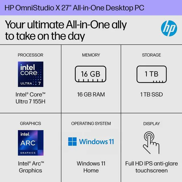 Alt view image 2 of 7 - HP OmniStudio X 27" Touchscreen AiO Computer U7-155H 16GB 1TB SSD W11H