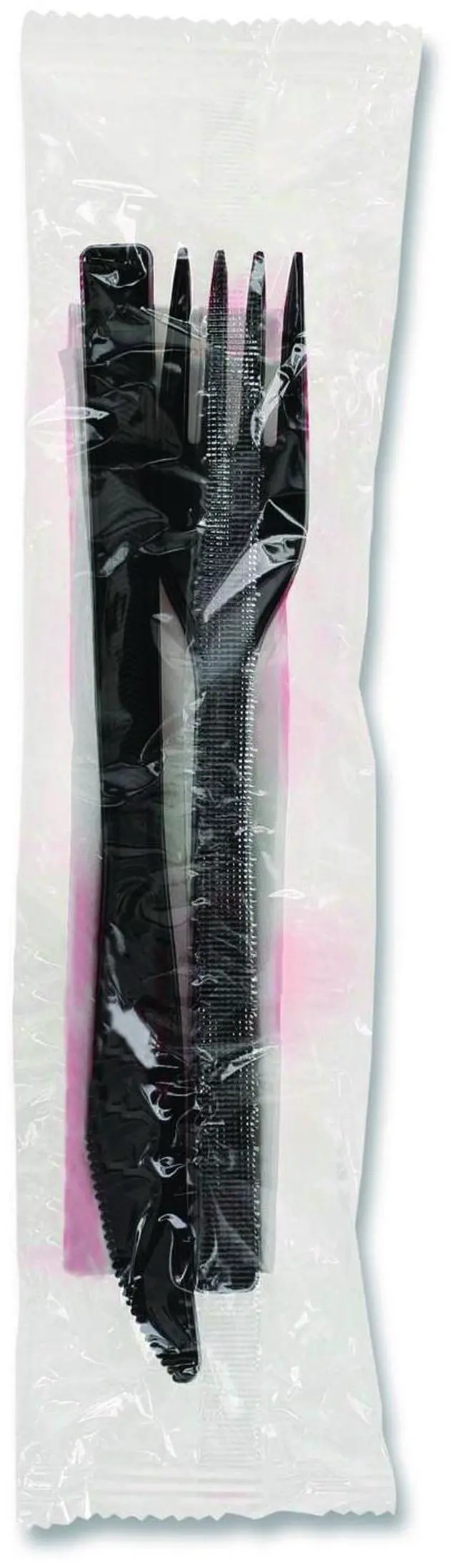 Main image of Gardenware Cutlery Kit Individually Wrapped Heavyweight Fork/Knife/Napkin Plastic Black 500/Carton GKFKNECH
