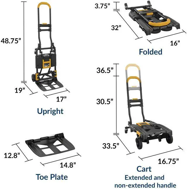 Alt view image 7 of 7 - Cosco 12225YGB1E 2-in-1 Folding Hand Truck - 300 lb Capacity - 17" x 30.5" x 33.5" - Black/Yellow