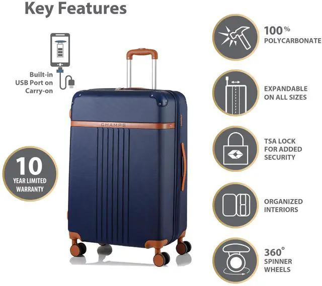 Alt view image 5 of 7 - CHAMPS Vintage Collection 2-piece Hardside Luggage set Navy S1016NAVY