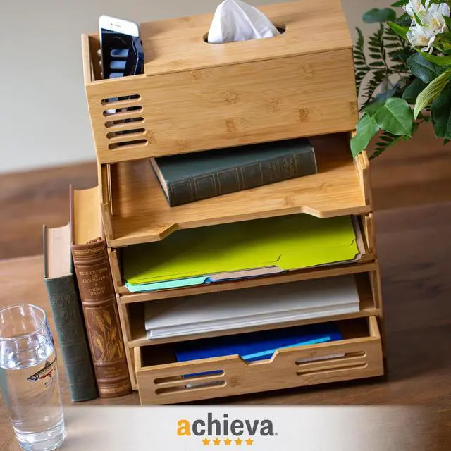 Alt view image 2 of 6 - Bamboo Stackable Desktop Document Trays 2 Sections Letter Size Files 14.09" x 10.47" x 4.4" Brown 2/Pack 71004