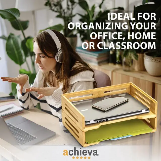 Alt view image 3 of 6 - Bamboo Stackable Desktop Document Trays 2 Sections Letter Size Files 14.09" x 10.47" x 4.4" Brown 2/Pack 71004