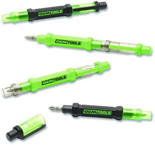 Main image of 6-Way Pen-Style Screw/Nut Driver Phillips/Slotted Bits Metric Sockets 5.38" Long Black/Green Green/Clear 4/Pack 22537