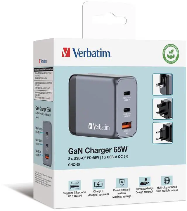 Alt view image 5 of 8 - Verbatim 32201 65w Gan Wall Charger Usb-c Pd Ports Usb-a Qc 3.0