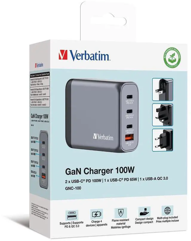 Alt view image 5 of 8 - Verbatim GNC-100 100W 4-Port GaN Wall Charger, Black 32202
