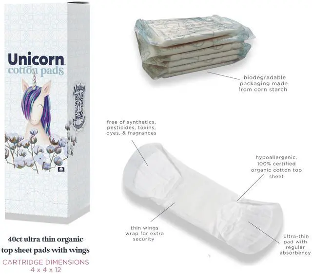 Alt view image 2 of 3 - UNICORN Organic Plant-Based Cotton Covered Thin Pads with Wings (40 Count, Pack of 6)