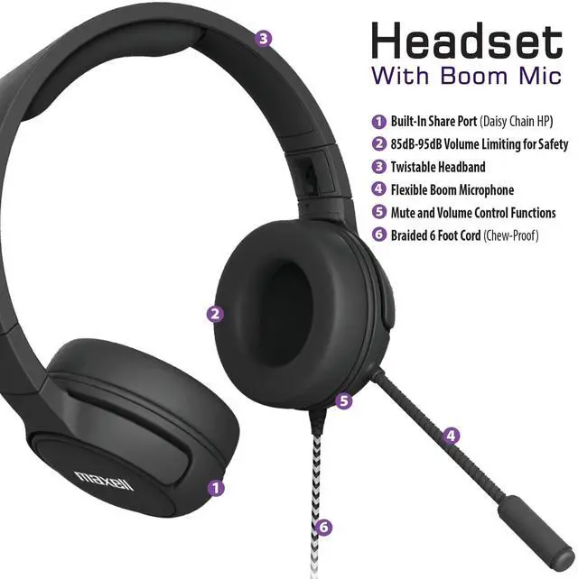 Alt view image 2 of 6 - Maxell Kids Safe Listening Over-ear Headset with Boom Mic (198021) - Black