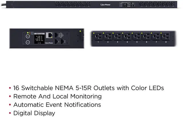 Alt view image 4 of 7 - CyberPower PDU41116 Single Phase 100 120 VAC 15A Switched PDU - 16 NEMA 5-15R - 12A