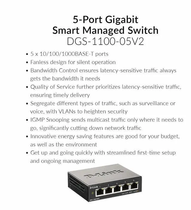 Alt view image 9 of 13 - D-Link 5-Port Gigabit Smart Managed Switch | Web Managed | Cable Diagnostics | Fanless | Compact Metal Desktop | NDAA Compliant - (DGS-1100-05V2)