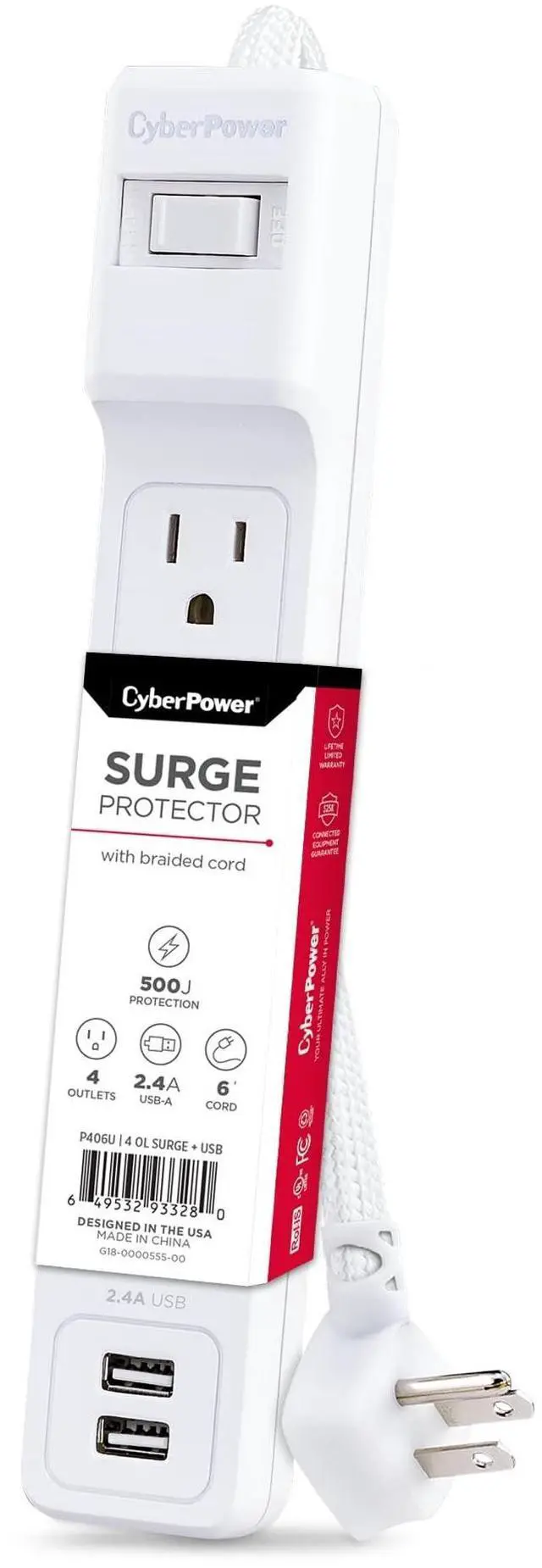 Alt view image 5 of 9 - CyberPower P406U Home Office 4 Outlet Surge Protector with 500 J Surge Suppression