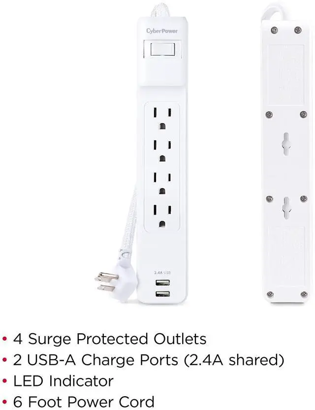 Alt view image 6 of 9 - CyberPower P406U Home Office 4 Outlet Surge Protector with 500 J Surge Suppression