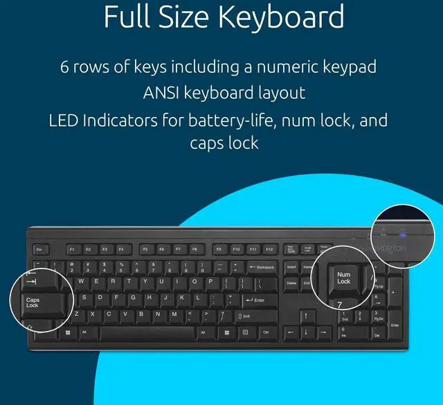 Alt view image 9 of 12 - Kensington KB150 EQ Wireless Keyboard - Wireless Connectivity - RF - 2.40 GHz - USB Type A Interface - 104 Key - Windows, Mac OS - PC, Mac - Membrane Keyswitch - AA Battery Size Supported - Black