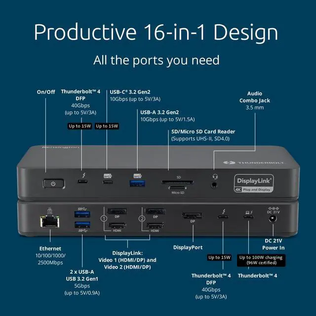 Alt view image 10 of 13 - Kensington SD5910T Docking Station - for Desktop PC/Notebook/Tablet/Smartphone/Monitor/Memory Card Reader/Solid State Drive/Smartwatch - Charging Capability - Memory Card Reader - SD, microSD - 149.10