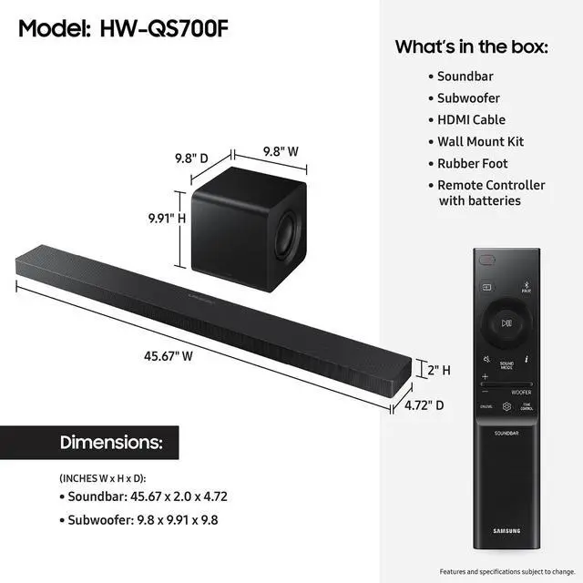 Alt view image 7 of 12 - Samsung Q-series Soundbar HW-QS700F 3.1.2CH Wireless Smart Sound Bar and Subwoofer (2025) - Titan Black