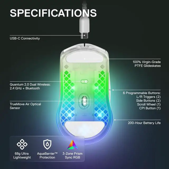 Alt view image 15 of 19 - SteelSeries - Aerox 3 Ghost Wireless Optical Gaming Mouse with Ultra-lightweight Translucent Design - White (62610)