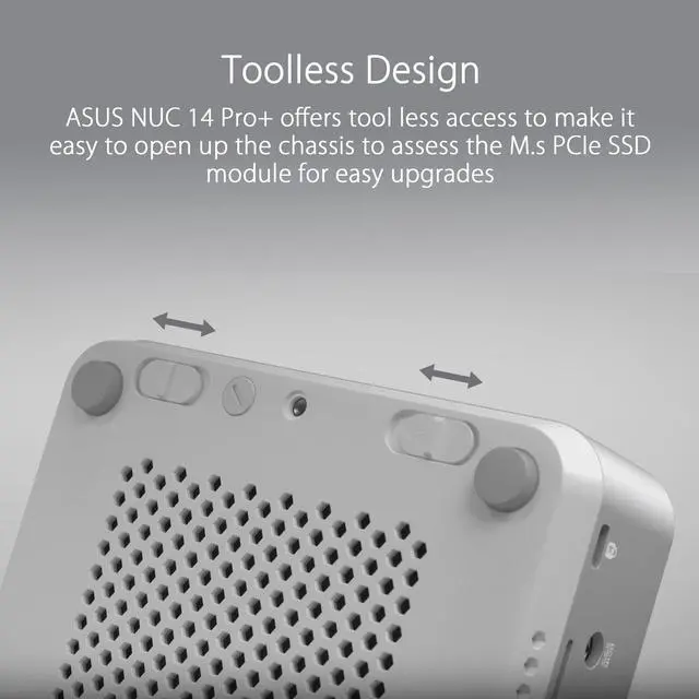 Alt view image 14 of 15 - ASUS NUC 14 Pro+ Full System Mini PC with Intel 14th Gen Core Ultra 9 185H, 32GB DDR5 RAM, 1TB PCIe G4x4 NVMe SSD, Thunderbolt 4, Wi-Fi 6E & Bluetooth 5.3, Win 11 Home, Silver Aluminum Chassis, Toolless Chassis Access, VESA Mount included