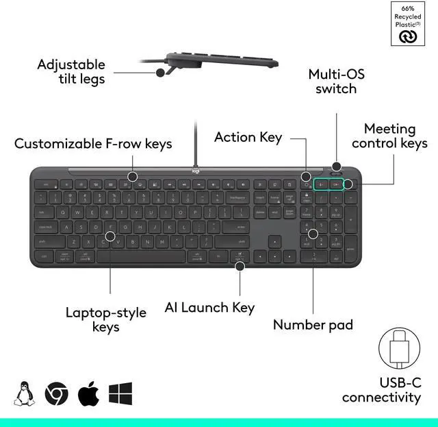 Alt view image 4 of 7 - Logitech Signature Slim Wired K620 for Business, Full-Size Keyboard, Graphite