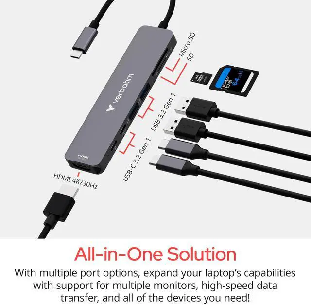 Alt view image 8 of 12 - Verbatim USB-C Essentials Multiport Hub - 7 Ports - for Camera - Charging Capability - Memory Card Reader - SD, microSD - USB Type C - 4K @30Hz - 3840 x 2160 - 4 x USB Ports - 2 x USB Type-A Ports - U