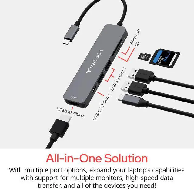 Alt view image 9 of 11 - Verbatim USB-C Essentials Multiport Hub- 6 Ports - for Camera - Charging Capability - Memory Card Reader - SD, microSD - USB Type C - 4K @30Hz - 3840 x 2160 - 3 x USB Ports - 2 x USB Type-A Ports - US