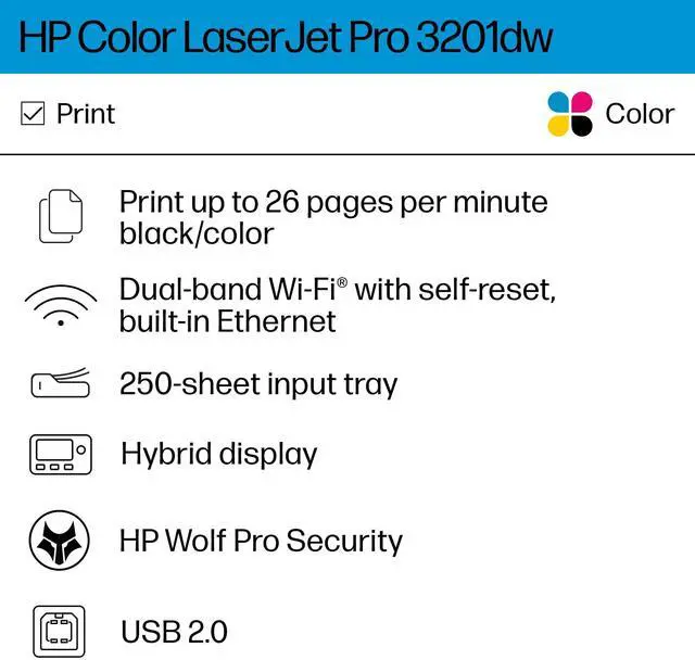 Alt view image 2 of 13 - HP Color Laserjet Pro 3201dw Wireless Color Laser Printer, Duplex (499Q9F)