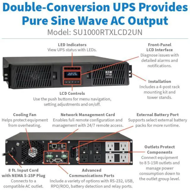 Alt view image 12 of 16 - TRIPP LITE SU1000RTXLCD2UN 1000 VA 900W 6 Outlets Double-Conversion UPS - 6 Outlets, Extended Run, WEBCARDLX, LCD, USB, DB9, 2U Rack/Tower
