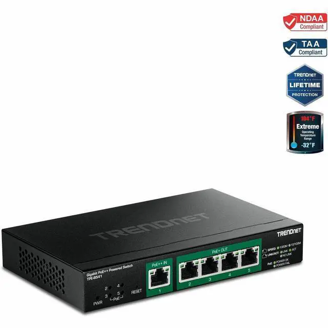 Alt view image 8 of 11 - TRENDnet 5-Port Gigabit PoE++ Powered Managed Switch with PoE Passthrough, TPE-B541, 1 x Gigabit PoE++ Input, 4 x Gigabit PoE+ Output, 60W PoE Budget, NDAA TAA Compliant, Lifetime Protection