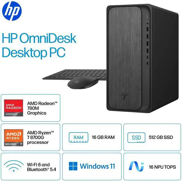 Alt view image 5 of 10 - HP OmniDesk M02-0340 Desktop Computer, AMD Ryzen 7 8700G 4.2GHz, 16GB RAM, 512GB SSD, Windows 11 Home, Gray Wood/Jack Black