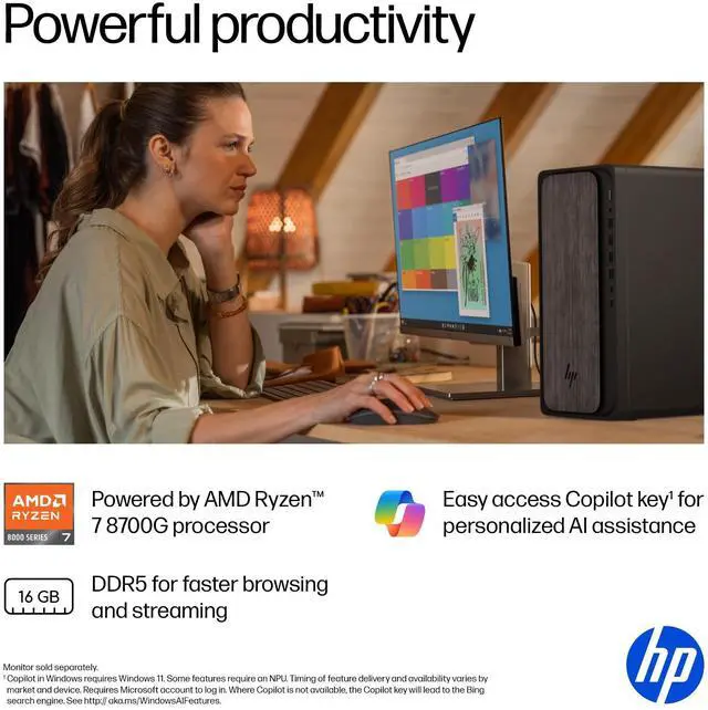 Alt view image 10 of 10 - HP OmniDesk M02-0340 Desktop Computer, AMD Ryzen 7 8700G 4.2GHz, 16GB RAM, 512GB SSD, Windows 11 Home, Gray Wood/Jack Black