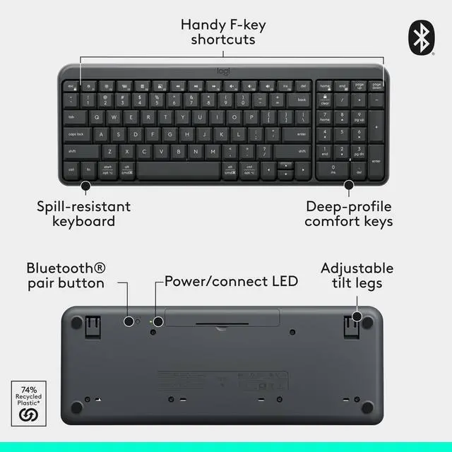 Alt view image 7 of 7 - Logitech MK250 Bluetooth Keyboard with Numpad Easy Connectivity Compact Wireless Keyboard made with Recycled Plastic Spill-Resistant comfortable Keys Graphite 920013442