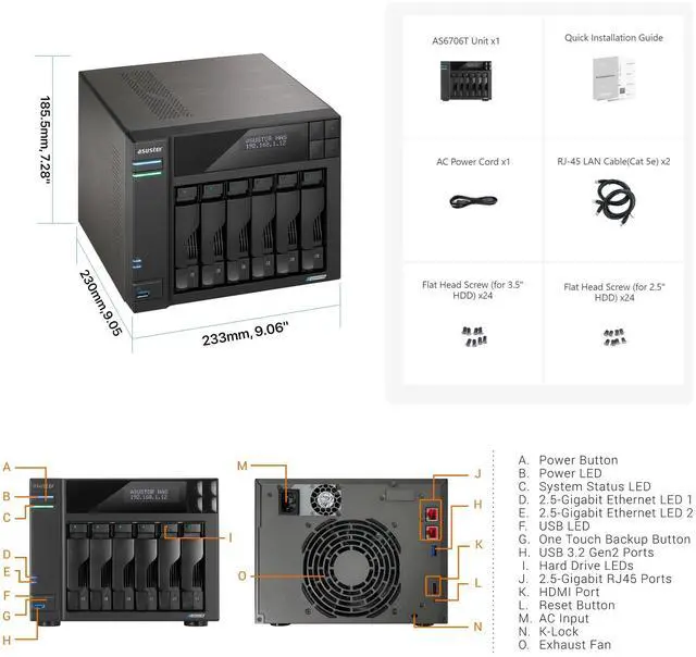 Alt view image 16 of 20 - Asustor Lockerstor 6 Gen 2 AS6706T 6 Bay NAS, Quad-Core 2.0GHz, Dual 2.5GbE Ports, 8GB RAM DDR4, Four M.2 SSD Slots (Diskless)