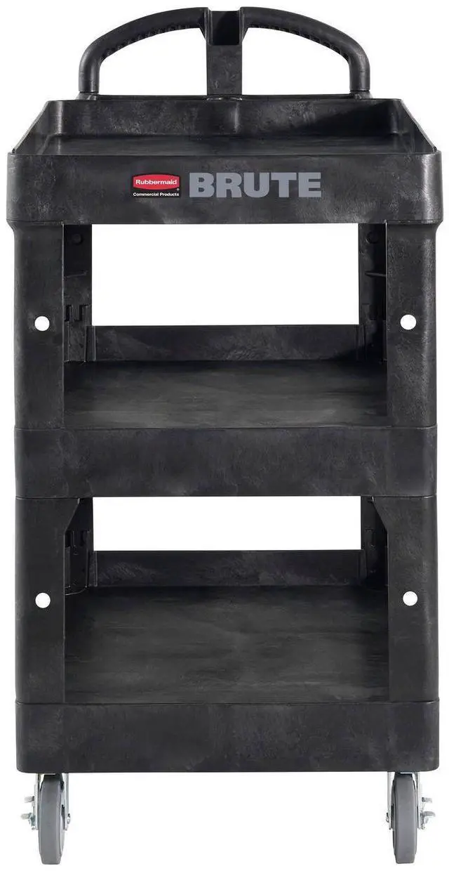 Main image of Rubbermaid Brute 3-Shelf Heavy-Duty Ergo Utility Cart Medium Black 2196862