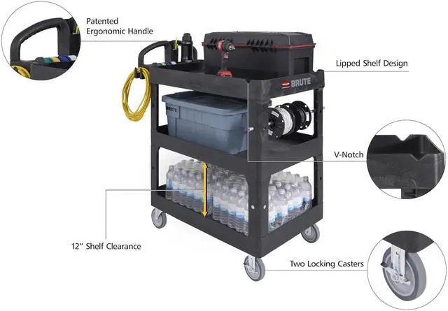 Alt view image 2 of 7 - Rubbermaid Brute 3-Shelf Heavy-Duty Ergo Utility Cart Medium Black 2196862